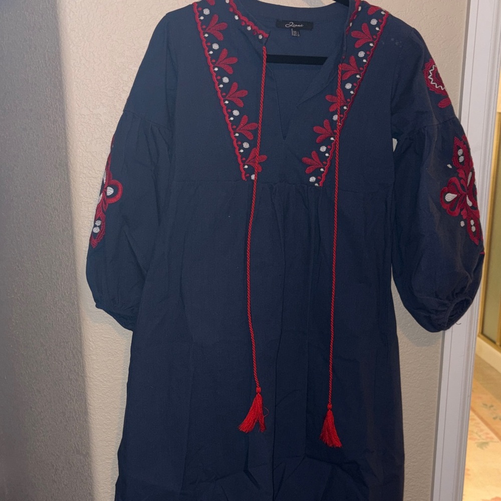 Dark Navy Embroidered Peasant Dress with Red Accents